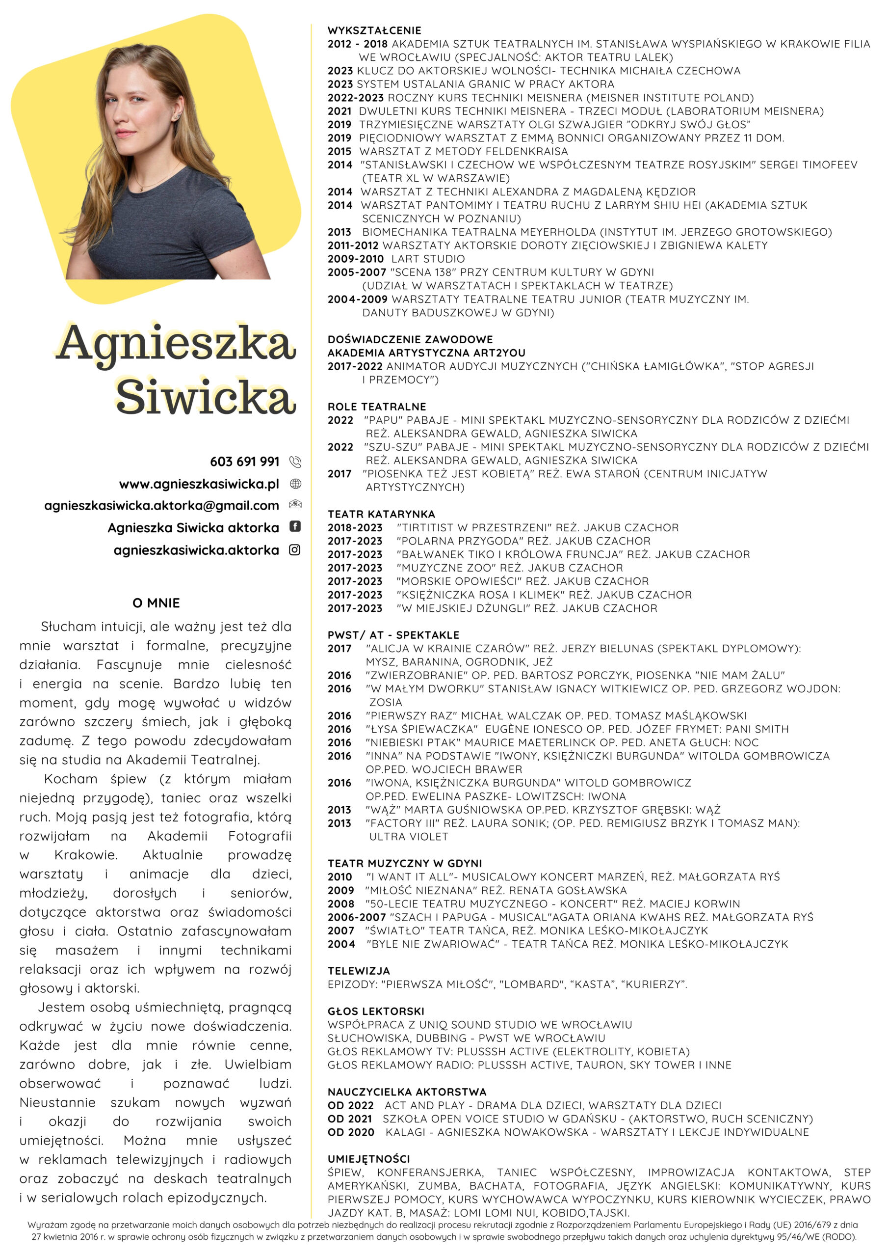 Zdjęcie CV Agnieszki Siwickiej profesjonalnej aktorki